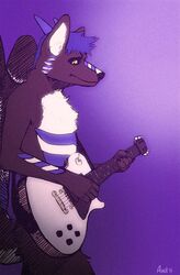 2013 ambiguous_gender amit anthro big_ears blue_hair canid canine chest_tuft feathered_wings feathers fur guitar hair horn mammal musical_instrument nude playing_guitar playing_music plucked_string_instrument purple_background simple_background sketch solo string_instrument tuft wings yellow_eyes