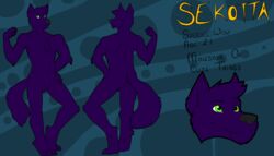 4_toes 5_fingers anthro black_nose canid canine canis eyebrows feet fingers fur male mammal model_sheet purple_body purple_fur raised_eyebrow sekotta solo tail toes unknown_artist wolf