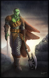 armor axe black_hair cloak clothing cloud corvuspointer detailed_background frown green_body green_skin hair humanoid jewelry looking_at_viewer male medieval melee_weapon necklace nipples not_furry orc outside raining sky solo tattoo tribal tusks weapon