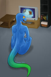 2012 2:3 amber_eyes anole anthro back_boob blue_anole blue_body blue_skin breasts casual_nudity eliza_(vader-san) female green_body green_skin hi_res inside lizard looking_at_viewer non-mammal_breasts nude reptile scalie side_boob smile solo tail thick_tail tjk white_body white_skin