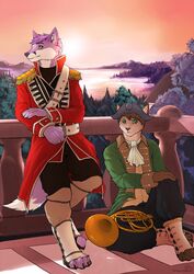 anthro brass_instrument british canid canine clothing colonial detailed_background duo felid fox french_horn fur male mammal military_uniform musical_instrument officer outside purple_body purple_fur revolutionary shalinka tonkanies uniform wind_instrument