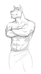 abs anthro beard biceps biped canid canine canis clothed clothing crossed_arms domestic_dog facial_hair fur looking_at_viewer male mammal monochrome muscular muscular_anthro muscular_male pecs pose simple_background sketch solo standing superslickslasher topless towel towel_only white_background