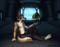 2012 alien ambiguous_gender anthro canid canine canis clothed clothing coyote duo facial_hair goatee green_eyes hair hybrid kangaroo leon_arun long_hair macropod male mammal marisama marsupial metroid metroid_(species) nintendo topless