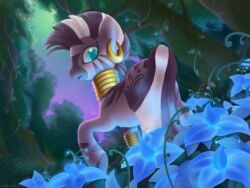 2012 4:3 blue_eyes celebi-yoshi cutie_mark detailed_background ear_piercing equid equine female feral flower forest friendship_is_magic hasbro hi_res looking_back mammal my_little_pony neck_ring outside piercing plant poison_joke sky solo star stripes tree zebra zecora_(mlp)