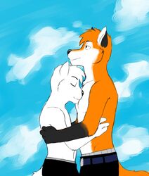 anthro black_body black_fur black_nose canid canine closed_eyes clothed clothing cloud duo fayt_(tohfu) fox fur genchi gloves_(marking) happy hug kyo_(tohfu) male male/male mammal markings orange_body orange_fur outside romantic romantic_couple size_difference sky skyscape smile topless white_body white_fur