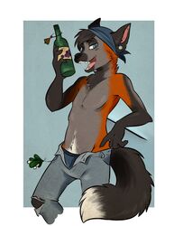 anthro black_hair blue_eyes bottle canid canine clothed clothing container ear_piercing fox hair hizzie male mammal piercing solo topless