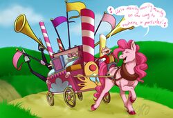 2013 amphibian anthro cart cartoonlion closed_eyes clothing cloud crossover cupcake cutie_mark dialogue disney duo earth_pony english_text equid equine female feral food friendship_is_magic frog fur hair hasbro hi_res horse male mammal mr._toad musical_note my_little_pony outside pink_body pink_fur pink_hair pinkie_pie_(mlp) pony singing sky text the_adventures_of_ichabod_and_mr._toad wind_in_the_willows