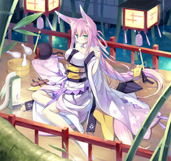 accessory alcohol animal_humanoid asian_clothing beverage big_breasts blush braided_hair breasts bucket clothed clothing container detailed_background drinking east_asian_clothing female food footwear hair hair_accessory humanoid japanese_clothing kimono lamp lantern legwear long_hair long_sleeves looking_at_viewer mammal momoyama_tsutsune obi obijime outside paper_lantern pink_hair poco pose purple_hair sake shirt_collar single_braid sitting socks solo tabi_socks teal_eyes yokozuwari