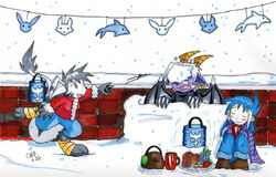 angel anthro buwaro_elexion demon female group jakkai kieri_suizahn male outside rhea_snaketail slightly_damned snow snowball snowball_fight tail tail_tuft the-chu traditional_media_(artwork) tuft winter_coat