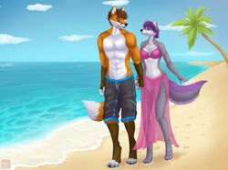 2013 anthro beach bikini biped blaze_(marking) canid canine canis clothed clothing cloud countershading detailed_background digital_media_(artwork) dipstick_tail duo eye_contact facial_markings feet female fingerless_(marking) fur gloves_(marking) hair head_markings jess_(teckly) leg_markings looking_at_another male male/female mammal markings multicolored_tail orange_body orange_fur outside palm_tree plant purple_hair romantic romantic_ambiance romantic_couple sand seaside shaded sky socks_(marking) striped_markings striped_tail stripes swimming_trunks swimwear tail tail_markings tight_clothing toeless_(marking) translucent translucent_clothing tree two_tone_tail walking water werefox_(character) wolf wyla