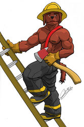 2009 abs anthro armor axe biceps biped boots brown_body brown_fur canid canine canis chestnuts_(artist) clothed clothing domestic_dog fire_axe firefighter firefighter_boots firefighter_helmet footwear fur gus headgear helmet ladder male mammal melee_weapon muscular muscular_anthro muscular_male nipples pecs pose shoes solo tail topless turnout_gear uniform weapon