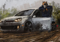 anthro biped car clothing detailed_background felid looking_at_viewer male male_anthro mammal open_mouth pantherine racoonwolf solo tiger vehicle volkswagen volkswagen_golf