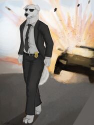 2011 3:4 anthro belt black_body black_fur canid canine canis car claws clothing cool_guys_don&#039;t_look_at_explosions domestic_dog explosion eyewear frown fur illbarks male mammal police solo sunglasses tail vehicle white_body white_fur