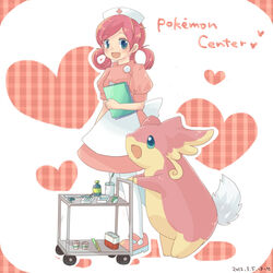 1:1 2012 ambiguous_gender apron audino blue_eyes blush clothing dress duo female generation_5_pokemon hair hat hatuse headgear headwear heart_symbol human mammal nintendo nurse_clothing nurse_hat nurse_headwear nurse_joy open_mouth open_smile pill_bottle pink_clothing pink_dress pink_hair pokemon pokemon_(species) pushcart simple_background smile white_apron white_clothing