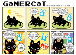 ambiguous_gender bandai_namco closed_eyes dialogue domestic_cat duo english_text fairy felid feline felis female gamercat_(character) half-closed_eyes mammal money narrowed_eyes navi nintendo ocarina_of_time pac-man pac-man_(series) samantha_whitten sleeping text the_gamercat the_legend_of_zelda