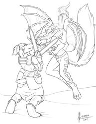 2012 4_toes angry anthro armor badger belt black_and_white canid canine claws clothed clothing digitigrade dragon duo english_text feet felid female fluffy fluffy_tail hair hybrid inks long_hair male mammal melee_weapon membrane_(anatomy) membranous_wings monochrome mustelid musteline mythological_creature mythological_scalie mythology rados_badger scalie simple_background sword tail temrin text toes warrior weapon white_background wings