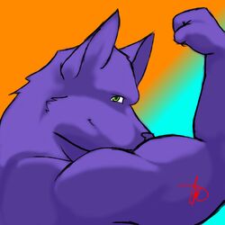 1:1 anthro biceps big_muscles bust_portrait canid canine canis fur green_eyes looking_at_viewer male mammal muscular muscular_anthro muscular_male portrait purple_body purple_fur sekotta solo unknown_artist wolf