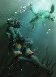 anthro bikini bikini_top black_hair bubble canid canine clothing eyewear female goggles grin hair hi_res hindpaw kelp kuro_(disambiguation) mammal paws piranhapettingzoo reptile scalie sea_turtle smile solo swimming swimming_trunks swimwear turtle underwater water yellow_eyes