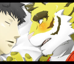 anthro blush closed_eyes debirobu duo eyebrows felid human letterbox male mammal markings morenatsu open_mouth pantherine sleeping thick_eyebrows tiger torahiko_(morenatsu)