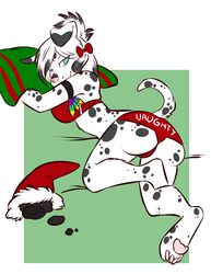 anthro barefoot biped canid canine canis dalmatian domestic_dog english_text feet female hair hizzie kara_resch mammal pink_nose seductive solo text white_hair