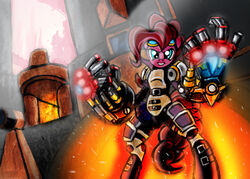 2012 anthro anthrofied armor blue_eyes checkmate-the-pony crossover earth_pony equid equine female friendship_is_magic fur hair hasbro horse league_of_legends looking_at_viewer mammal my_little_pony pink_body pink_fur pink_hair pinkie_pie_(mlp) pony riot_games solo tail tencent vi_(lol)