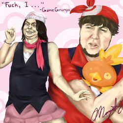 1:1 2012 arin_hanson avian beard clothed clothing cosplay crossdressing english_text facial_hair game_grumps generation_3_pokemon group hat headgear headwear human humor jon_jafari jontron lol_comments male mammal margwli nintendo parody pokeball pokeball_background pokemon pokemon_(species) profanity realistic scarf simple_background text torchic what