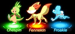 2013 ambiguous_gender amphibian black_background canid canine chespin closed_eyes color_partitioning digital_media_(artwork) eyeofcalamity fennekin feral froakie generation_6_pokemon group hi_res mammal nintendo partitioning pawpads paws pokemon pokemon_(species) simple_background starter_trio tail