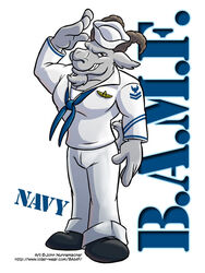 3:4 anthro black_eyes bovid caprine clothing cooner english_text gesture goat looking_at_viewer male mammal military military_uniform muscular muscular_anthro muscular_male navy salute solo text u.s._navy uniform