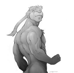 abs anthro ass biceps braided_hair clenched_teeth flexing frown fur greyscale hair male monochrome muscular muscular_anthro muscular_male nipples nude pecs pose simple_background solo superslickslasher teeth unknown_species white_background