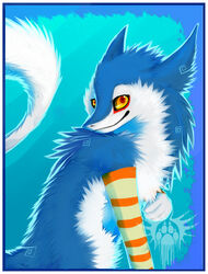 2013 amber_eyes ambiguous_gender arm_warmers armwear blue_body blue_fur blue_theme border clothing cool_colors feral fluffy fur hi_res looking_at_viewer mammal markus_(dowantanaccount) pattern_armwear pattern_clothing sergal smile solo striped_armwear striped_clothing stripes tail white_border zedzar