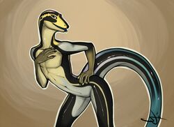 2011 abstract_background anthro blue-tailed_skink femboy glistening leaning lizard looking_at_viewer male nude outline reptile scalie simple_background skink solo spottyjaguar tongue tongue_out