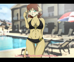 anthro bikini black_bars blush breasts christopherlee clothed clothing felid female floppy_ears green_eyes hair letterbox likemaniac_(character) mammal red_hair ring skimpy solo swimwear tight_clothing two_piece