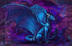 2013 abstract_background acidapluvia blue_body blue_theme claws cool_colors dragon european_mythology feral horn looking_at_viewer male markings membrane_(anatomy) membranous_wings mythological_creature mythological_scalie mythology nude scalie simple_background sitting solo spread_wings tail western_dragon wings