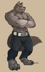 abs ano anthro athletic belt biceps big_muscles biped blue_eyes bottomwear brown_background brown_nose bulge canid canine canis claws clothed clothing crossed_arms fangs fur grey_body grey_fur grin looking_at_viewer male mammal muscular muscular_anthro muscular_male pants pecs pose redic-nomad simple_background smile solo standing teeth toe_claws topless vein wolf