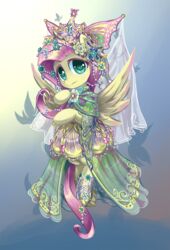 accessory blue_eyes blush clothing dress equid equine feathered_wings feathers female feral fluttershy_(mlp) friendship_is_magic hair hasbro jewelry mammal my_little_pony mythological_creature mythological_equine mythology pegasus pink_hair saturnspace simple_background solo wings yellow_body yellow_feathers