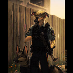 1:1 anthro badge canid canine canis clothed clothing domestic_dog duo fence feral fighterjet fully_clothed gloves grass gun handwear male mammal officer outside plant police police_dog ranged_weapon rifle shotgun uniform weapon weaver_rail