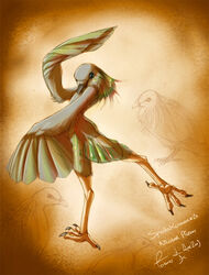 2009 ambiguous_anthro ambiguous_gender anthro avian beak bird cere_(anatomy) columbid dancing dated feathered_wings feathers foshu nicobar_pigeon nude pigeon pose signature solo species_name text watermark winged_arms wings