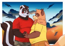 anthro blush canid canine duo eye_contact eyewear genchi glasses hand_holding interlocked_fingers looking_at_another male male/male mammal mephitid raccoon_dog skunk slightly_chubby tanuki