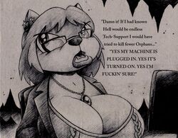 anthro big_breasts black_and_white breasts canid canine canis clothing domestic_dog drake_fenwick english_text eyewear female glasses huge_breasts jewelry mammal monochrome necklace profanity solo text