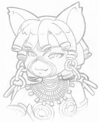 anthro big-e6 breasts bust_portrait domestic_cat felid feline felis female jewelry mammal markings monochrome nacha_(big-e6) nude portrait smile solo tribal