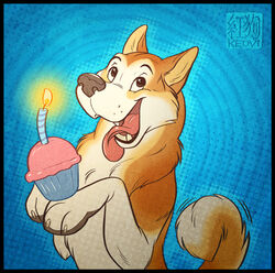 2013 ambiguous_gender birthday black_border border candle canid canine canis cupcake domestic_dog feral food fur keovi mammal orange_body orange_fur solo tongue tongue_out