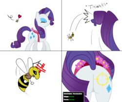 2013 6:5 arthropod ass bee blue_eyes blue_eyeshadow bsting cutie_mark duo english_text equid equine eyeshadow female feral friendship_is_magic fur hair hasbro heart_symbol horn hymenopteran insects makeup mammal my_little_pony mythological_creature mythological_equine mythology rarity_(mlp) text unicorn white_body white_fur