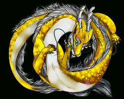 2013 aliena-cordis antlers asian_mythology beard black_background blue_eyes countershading dragon dragon_cave east_asian_mythology eastern_dragon eyebrows facial_hair feral horn male mythological_creature mythological_scalie mythology pupils scalie shimmer-scale simple_background slit_pupils solo tail whiskers white_body yellow_body