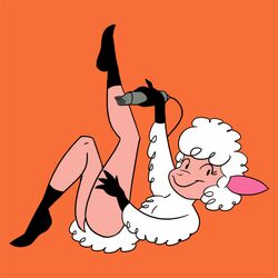 1:1 2013 anthro black_eyes bovid caprine carelessdoodler domestic_sheep droopy_(series) electric_razor female fur leggy_lamb looking_at_viewer mammal metro-goldwyn-mayer orange_background pinup pose razor shearing sheep sheep_wrecked simple_background smile solo tools wool_(fur)