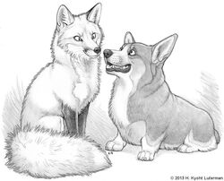 2013 ambiguous_gender brett_(bdever) canid canine canis domestic_dog duo erin_(disambiguation) feral fox greyscale herding_dog kyoht_luterman mammal monochrome open_mouth pastoral_dog simple_background smile stare teeth tongue tongue_out traditional_media_(artwork) welsh_corgi