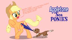 applejack_(mlp) canid canine canis clothing coppertone_(sunscreen) coppertone_girl coppertone_pose domestic_dog domestic_pet duo earth_pony equid equine female feral friendship_is_magic hasbro horse mammal my_little_pony pony snapai winona_(mlp)