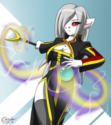 anthro aura breasts christopherlee cleavage clothed clothing dress felid female hair legwear magic magic_user mammal orb red_eyes silver_hair solo