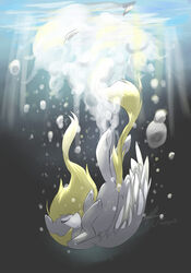 2012 absurd_res blonde_hair bubble closed_eyes cutie_mark derpy_hooves equid equine feathered_wings feathers female feral friendship_is_magic grey_body grey_feathers hair hasbro hi_res mammal my_little_pony mythological_creature mythological_equine mythology pegasus signature solo stupidyou3 underwater water wings