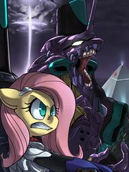 3:4 absurd_res angry armor blue_eyes clenched_teeth cosplay crossover duo equid equine eva_unit_01 evangelion_(cyborg) feathered_wings feathers female fluttershy_(mlp) friendship_is_magic fur glowing glowing_eyes hair hasbro hi_res light lighting long_hair machine mammal mecha my_little_pony mythological_creature mythological_equine mythology neon_genesis_evangelion open_mouth outside parody pegasus pink_hair robot shinji_ikari sky storm teeth uc77 wings yellow_body yellow_fur