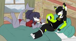 2012 anthro bed black_hair breasts canid canine canis clothing domestic_dog duo female fish furniture grey_body hair husky mammal marine nordic_sled_dog open_mouth piercing shark spitz toxic toxictail white_eyes xaenyth xaenyth_(character)